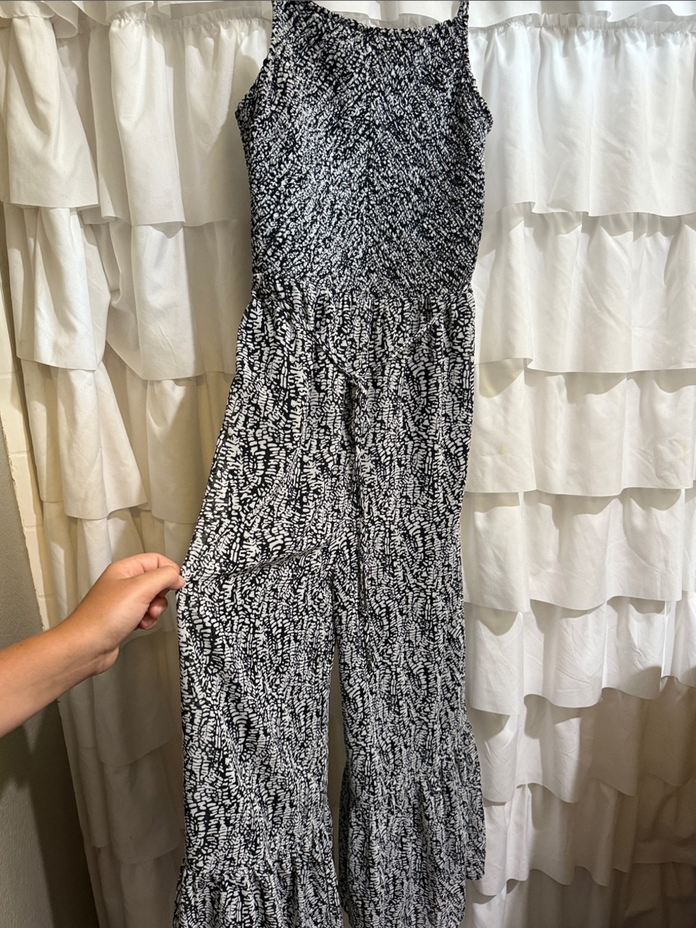 Doe & Rae Black and White Smocked Wide-Leg Printed Jumpsuit